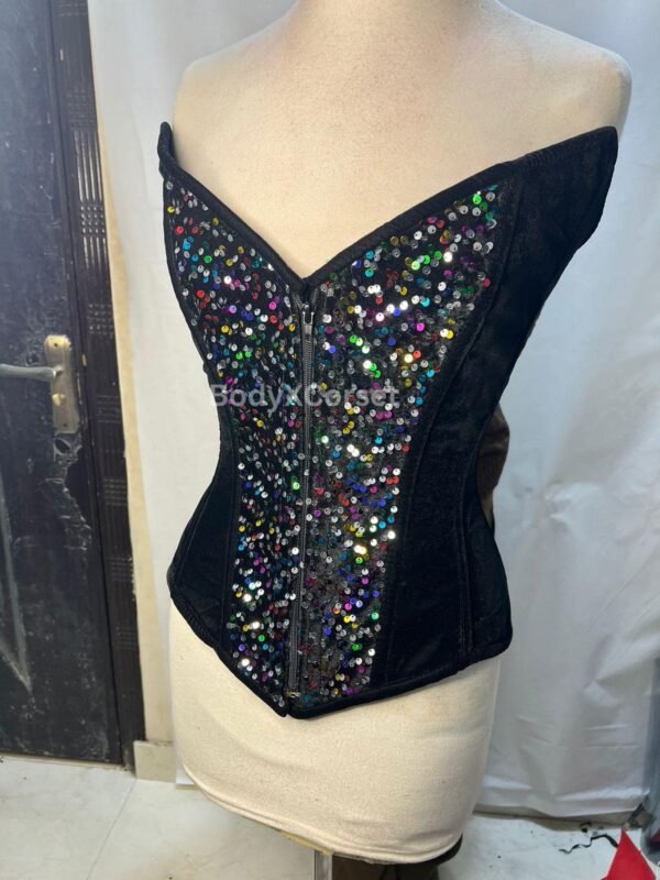 Black Sequin Corset Top: Strapless Bustier, Gothic Rave Clubwear