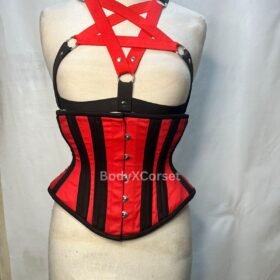 Gothic Red & Black Corset: Steel Boned Pentagram Harness - Alt Fashion