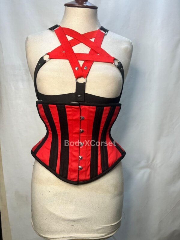 Gothic Red & Black Corset: Steel Boned Pentagram Harness - Alt Fashion