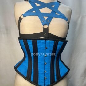 Blue Gothic Pentagram Harness Bra & Steel-Boned Corset Set