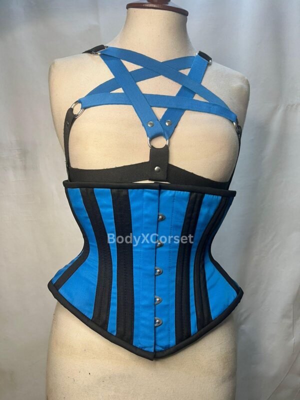 Blue Gothic Pentagram Harness Bra & Steel-Boned Corset Set