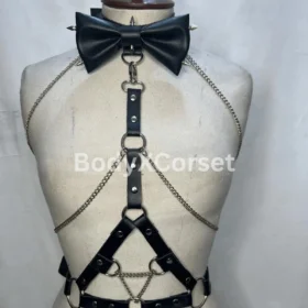 Faux Leather Bow Chain Harness: Gothic Punk Rave Body Cage