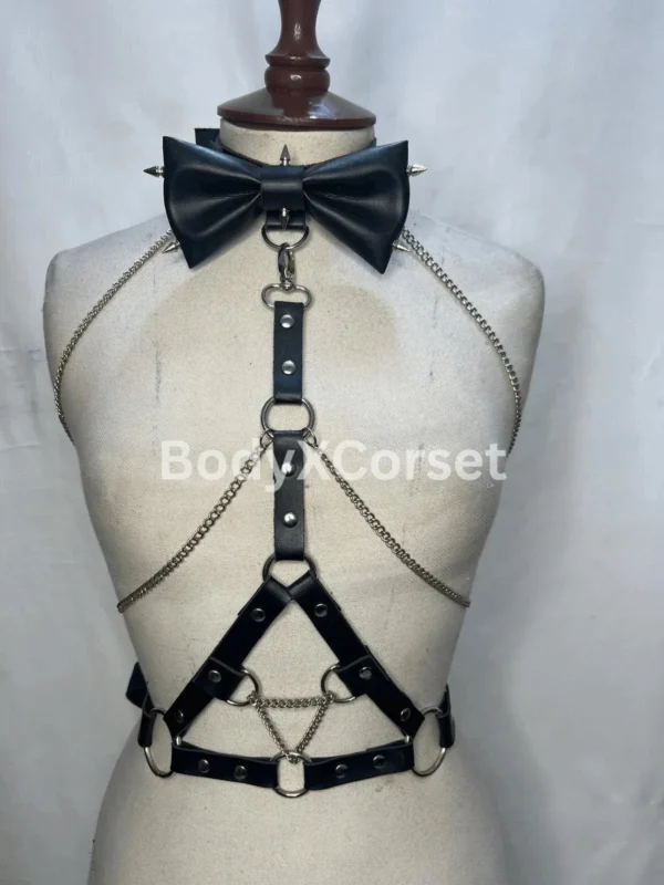 Faux Leather Bow Chain Harness: Gothic Punk Rave Body Cage