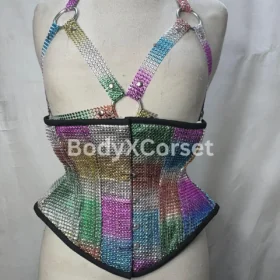 Rainbow Rhinestone Corset Harness: Sparkly Rave Festival Top