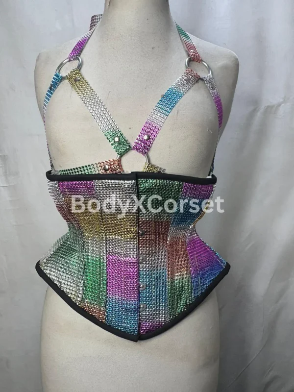 Rainbow Rhinestone Corset Harness: Sparkly Rave Festival Top
