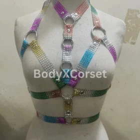 Rainbow Rhinestone Body Harness: Festival Rave Cage Bra