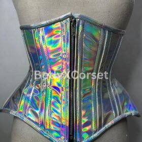 Holographic PVC Corset: Steel Boned Rave Shiny Vinyl Party Corset Waist Cincher