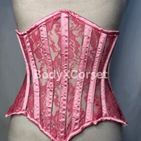 Baby Pink Floral Mesh Underbust Corset – Longline Waspie Waist Trainer, Sheer Lace Corset Belt, Steel Boned Shapewear for Women