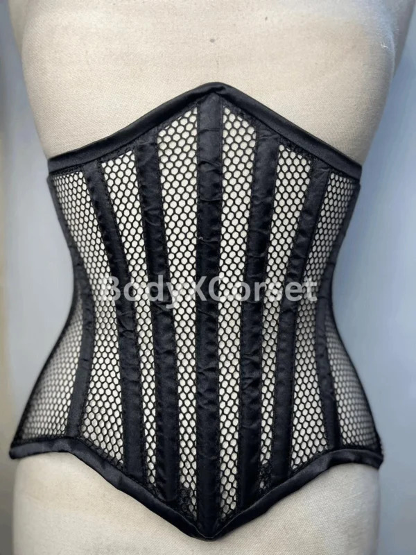 Black Mesh Underbust Corset Long Torso | Fishnet Waspie Waist Trainer | Steel Boned Gothic Corset | Sheer Festival Waist Cincher Shapewear