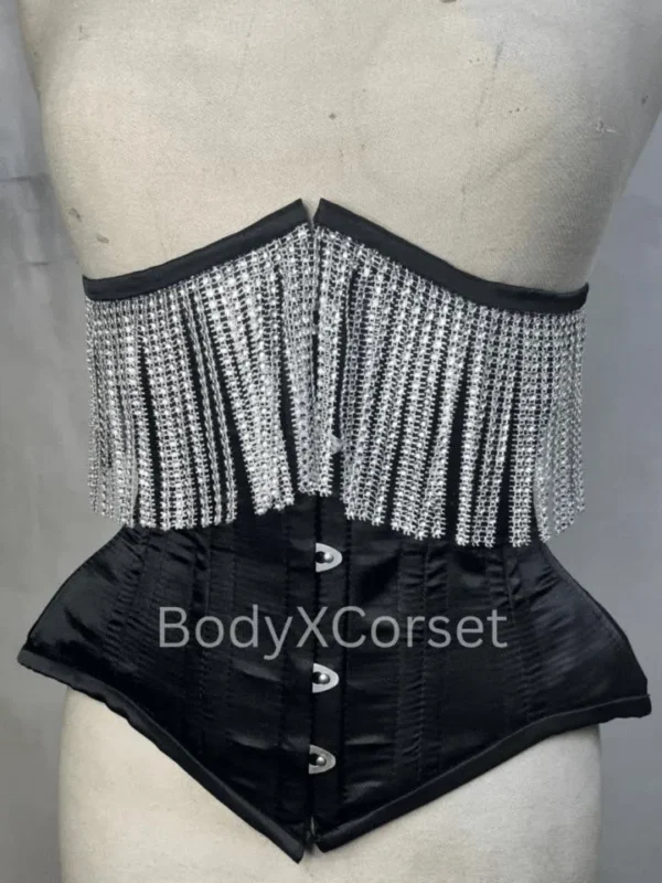 Steel Boned Underbust Fringe Corset: Burlesque Gothic Waist Trainer