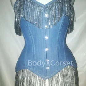 Denim Overbust Corset: Steel Boned Fringe Waist Trainer, Rave Festival Outfit Custom Costume