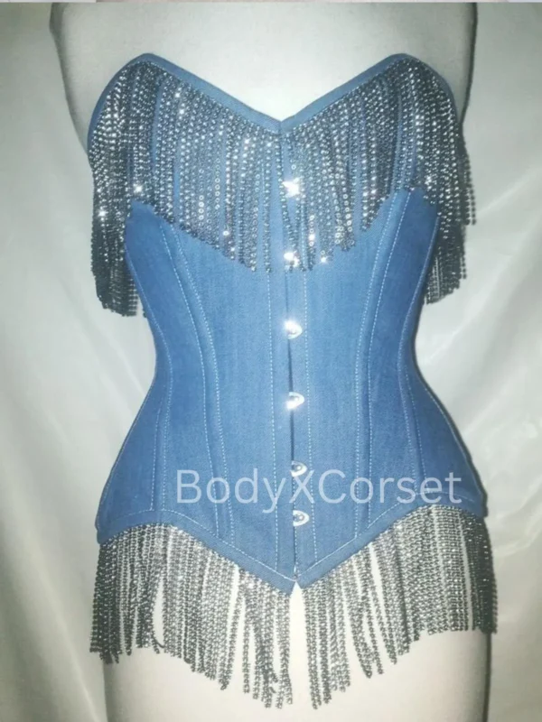 Denim Overbust Corset: Steel Boned Fringe Waist Trainer, Rave Festival Outfit Custom Costume