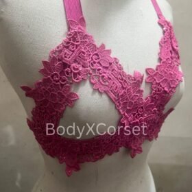 Pink Floral Strappy Lingerie Set Festival Cage Bra Gothic Rave Harness Top Handmade Elastic Bra For Women