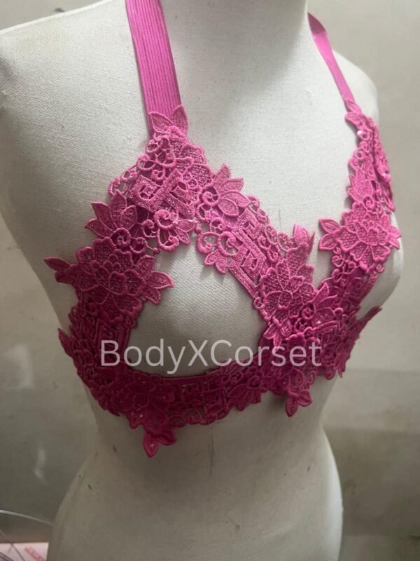 Pink Floral Strappy Lingerie Set Festival Cage Bra Gothic Rave Harness Top Handmade Elastic Bra For Women
