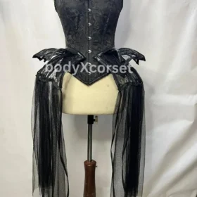 Gothic Black Lace Corset Dress with Sheer High-Slit Skirt & Dramatic Mesh Fan Collor – Dark Fairy, Vampire, Witch, Halloween Costume