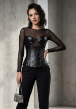Black gothic Leather Steel Boned Overbust Corset for Women curvycorset.com