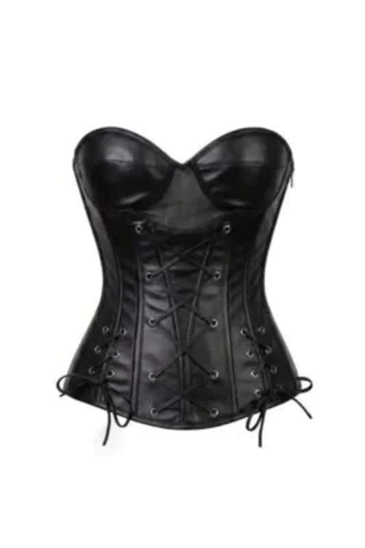 Black gothic Leather Steel Boned Overbust Corset for Women curvycorset.com